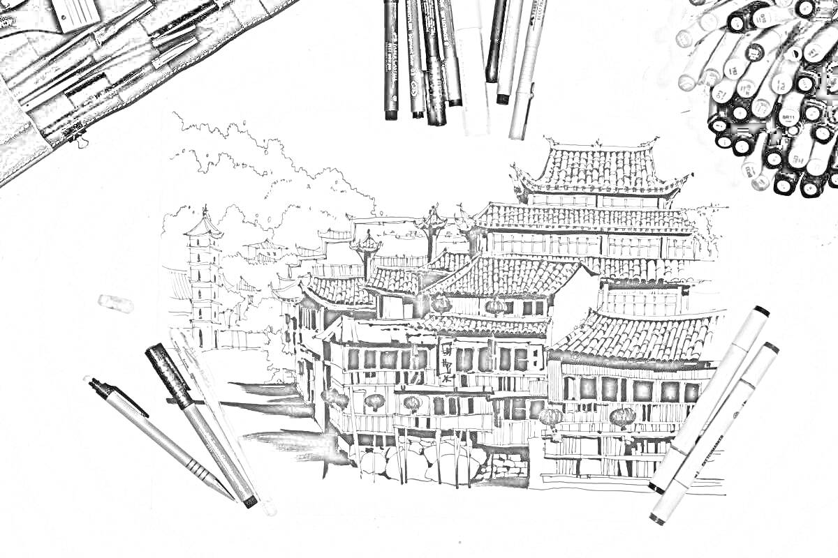 РаскраскаРисунок восточного городского пейзажа с храмом и домами, окруженный маркерами для скетчинга