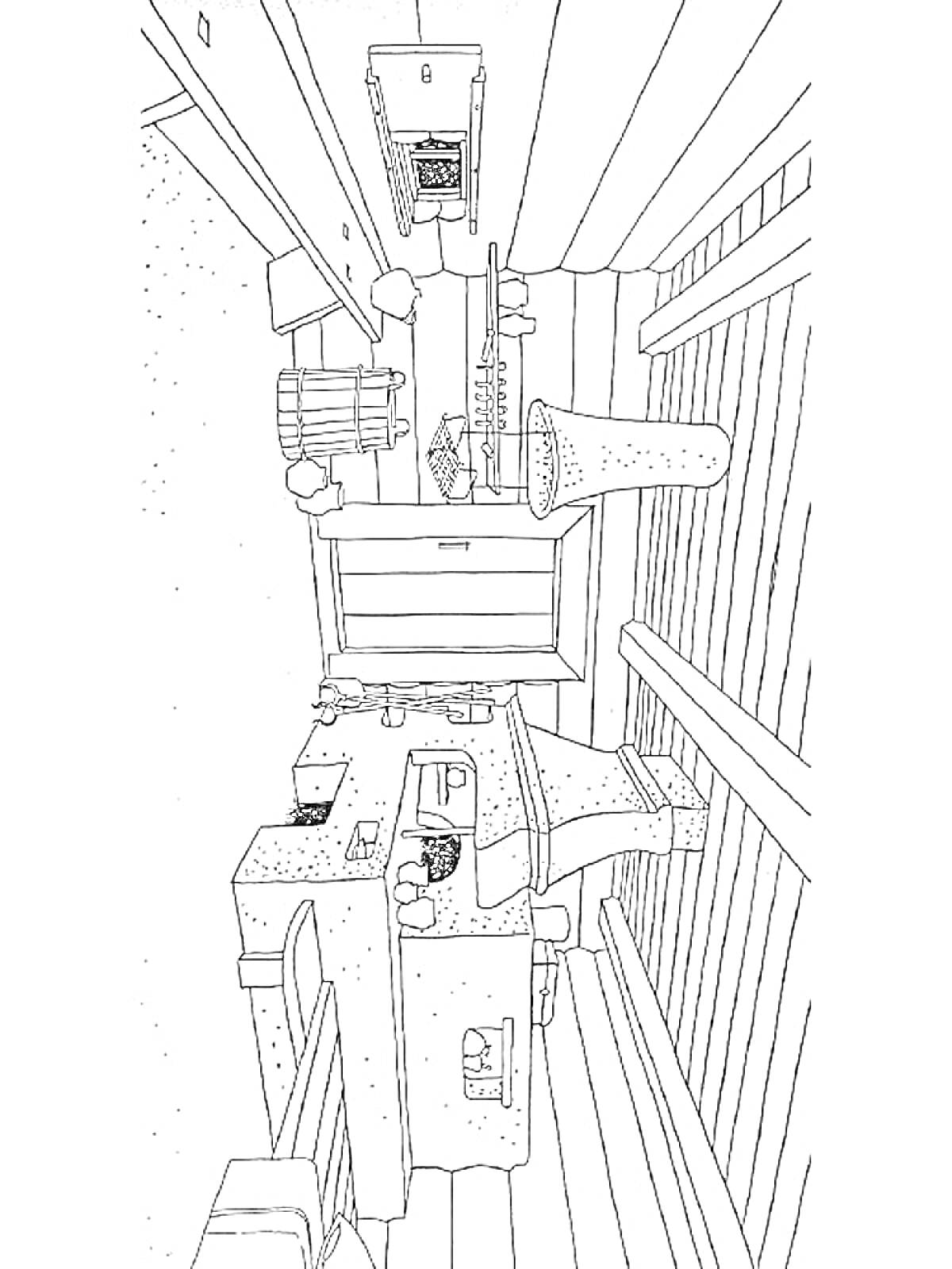 Раскраска Внутренний интерьер избы с печью, полками, скамейками, кухонной утварью и дверью