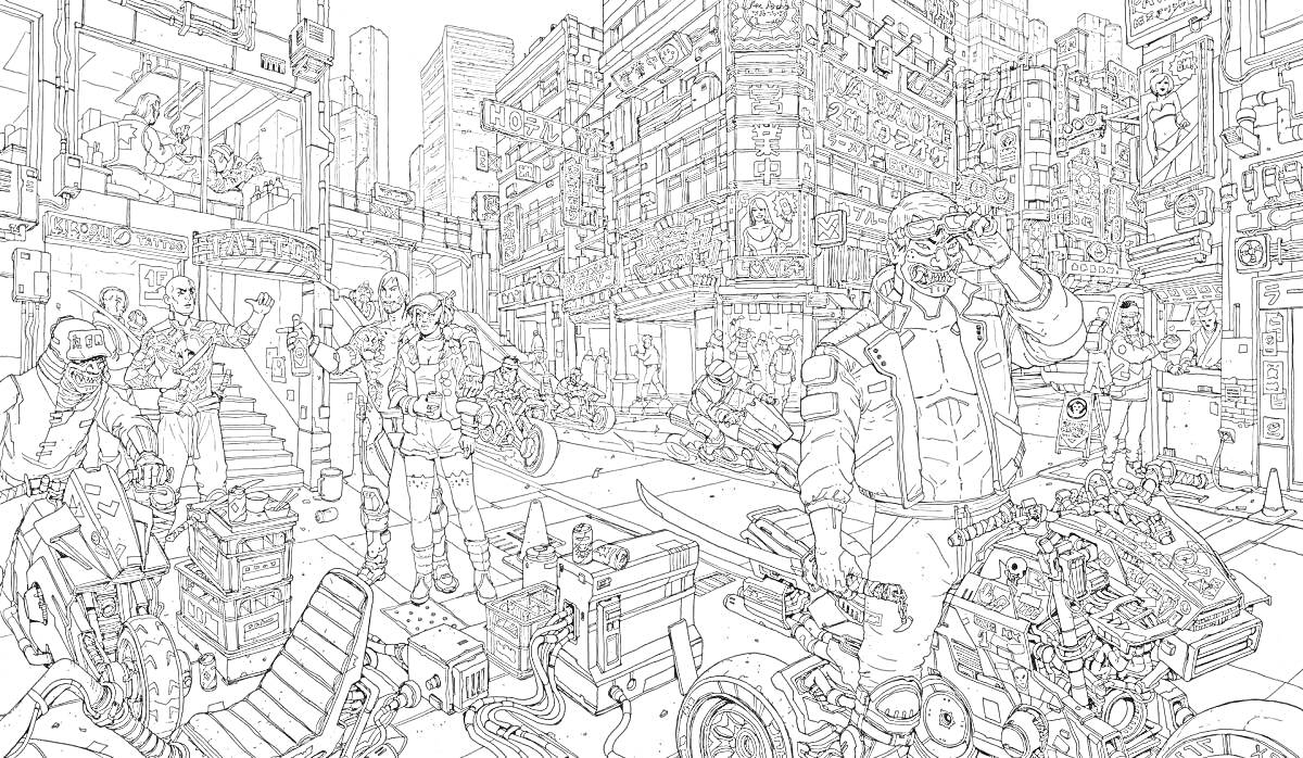 Раскраска Улица киберпанк-городка с высокими зданиями, людьми в киберпанк-одежде, неоновыми вывесками, летающими автомобилями и мотоциклами, роботами, витринами магазинов и уличными торговцами