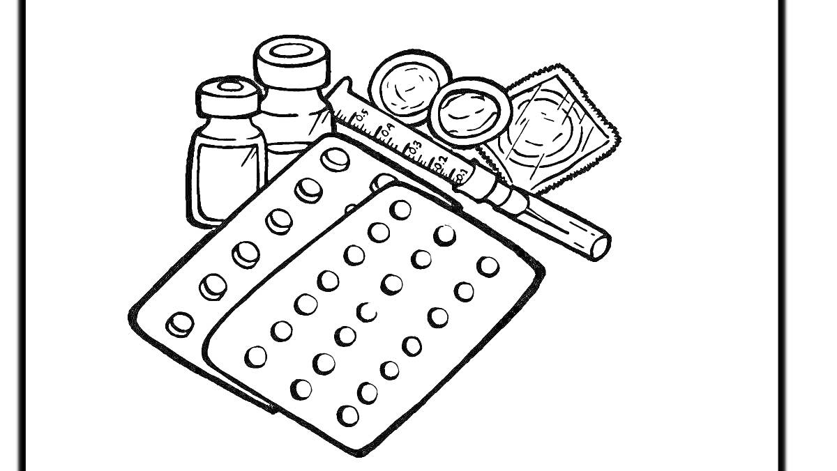 На раскраске изображено: Таблетки, Блистер, Шприц, Капсулы, Медицина, Лекарства, Аптечка, Здоровье