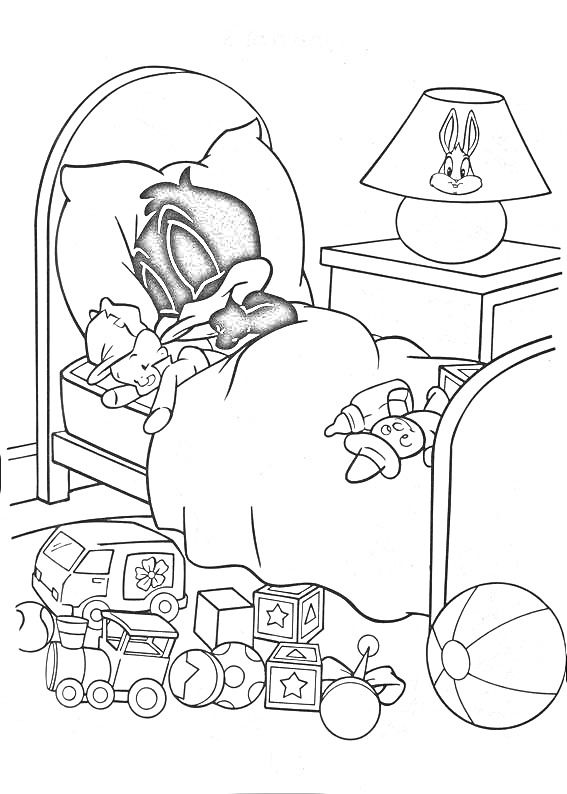 Раскраска Персонаж Луни Тюнз в кровати с игрушками, прикроватная тумба с лампой