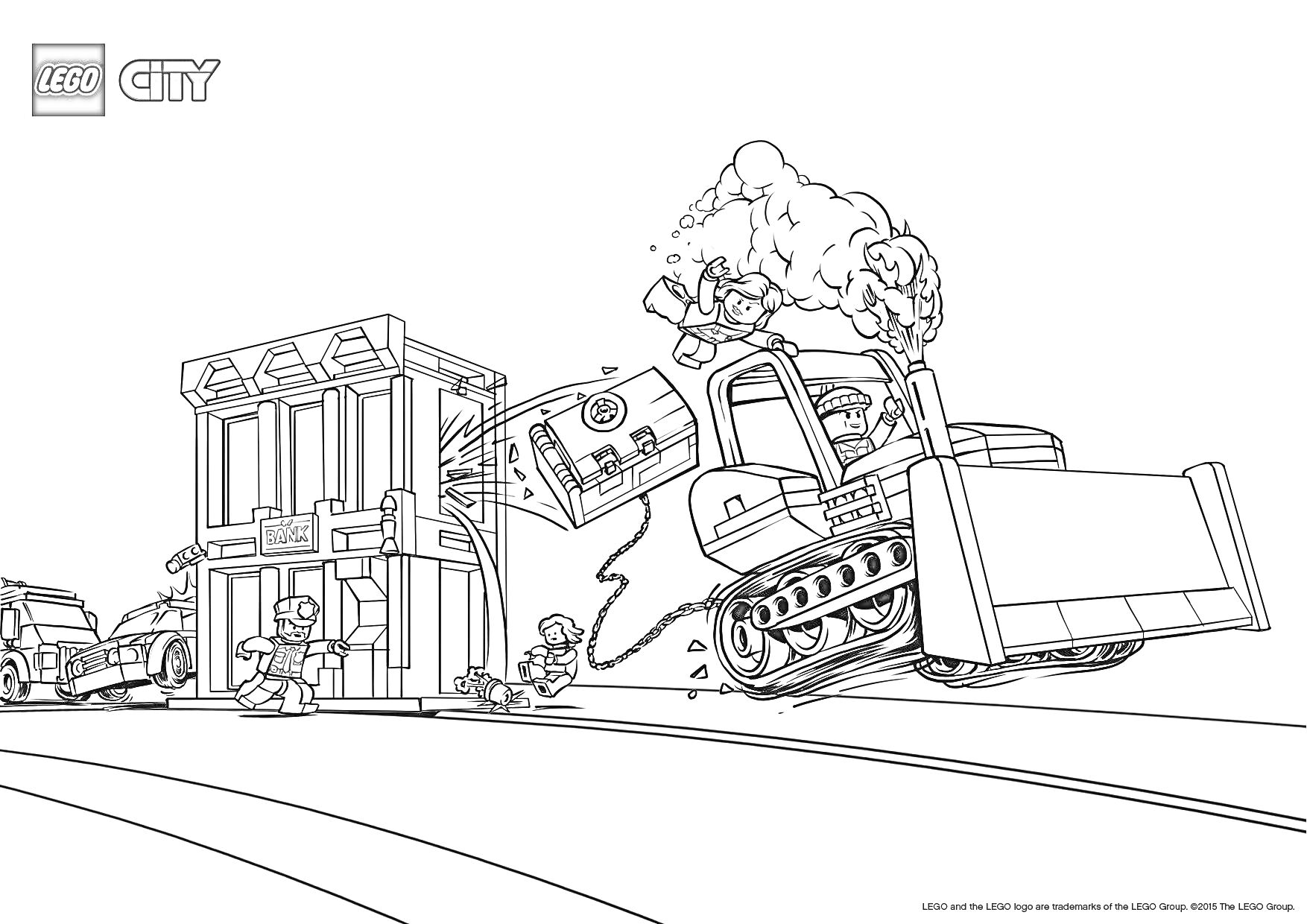 На раскраске изображено: Лего Сити, Строительная техника, Бульдозер, Строитель, Экскаватор