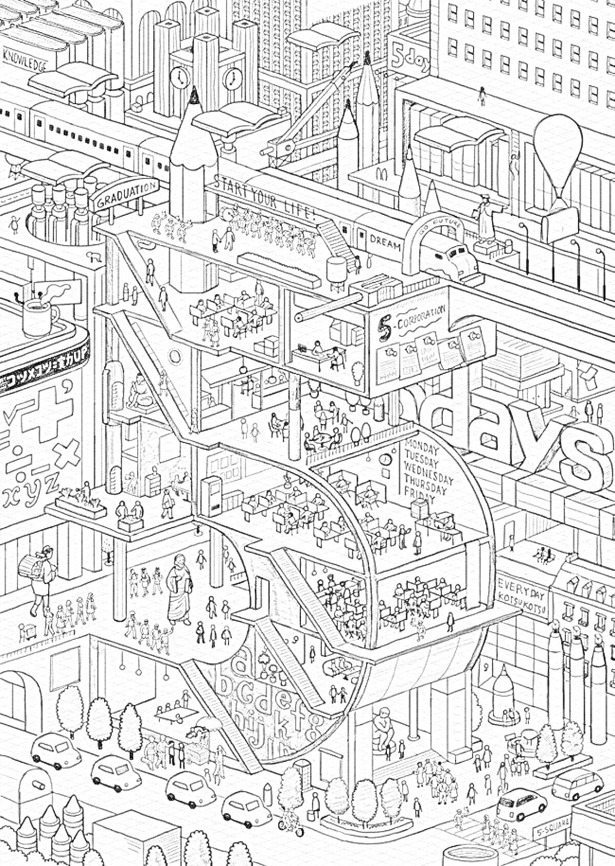 На раскраске изображено: Город будущего, Деревья, Футуризм, Городской пейзаж, Вывеска, Человек, Воздушные шары
