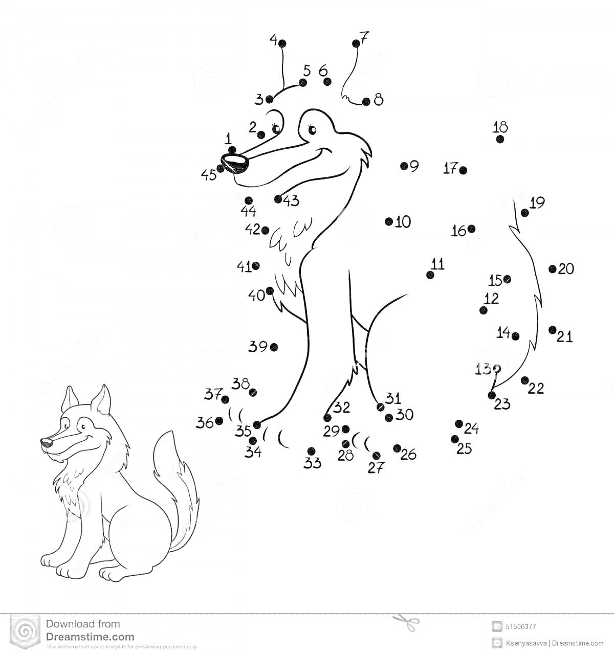 Раскраска Лиса по точкам с изображением серого волка сбоку