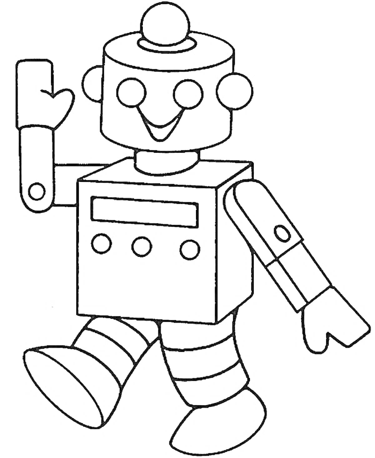 На раскраске изображено: Робот, Кнопки, Кружки, Глаза, Машет рукой, Улыбка