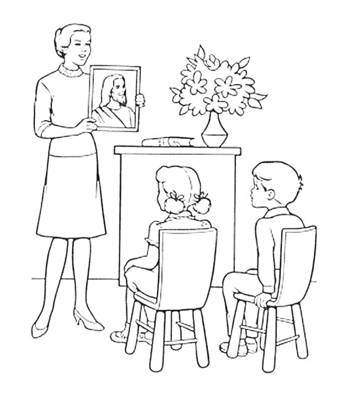 Раскраска Учитель перед учениками демонстрирует портрет, стоя перед столом с цветами и книгой