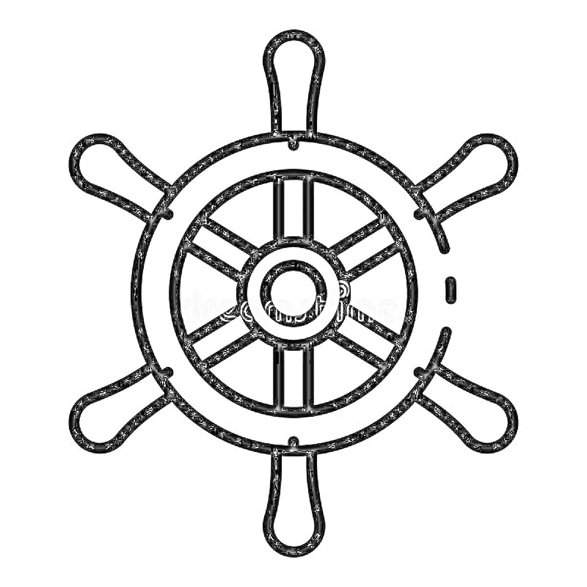 На раскраске изображено: Штурвал, Корабль, Море, Навигация, Контурные рисунки
