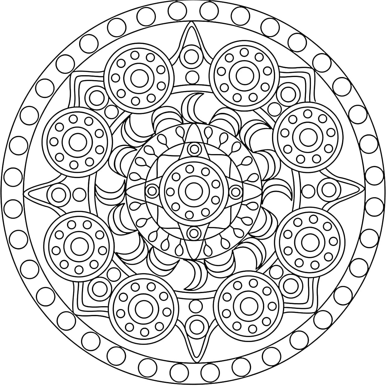 На раскраске изображено: Мандала, Круги, Монеты, Орнамент, Медитация, Симметрия