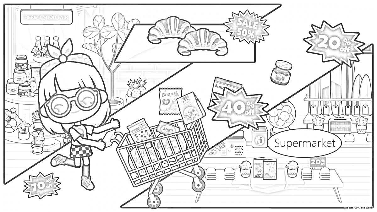 Раскраска Девочка с тележкой для покупок в супермаркете, скидки на разные товары, корзина с едой