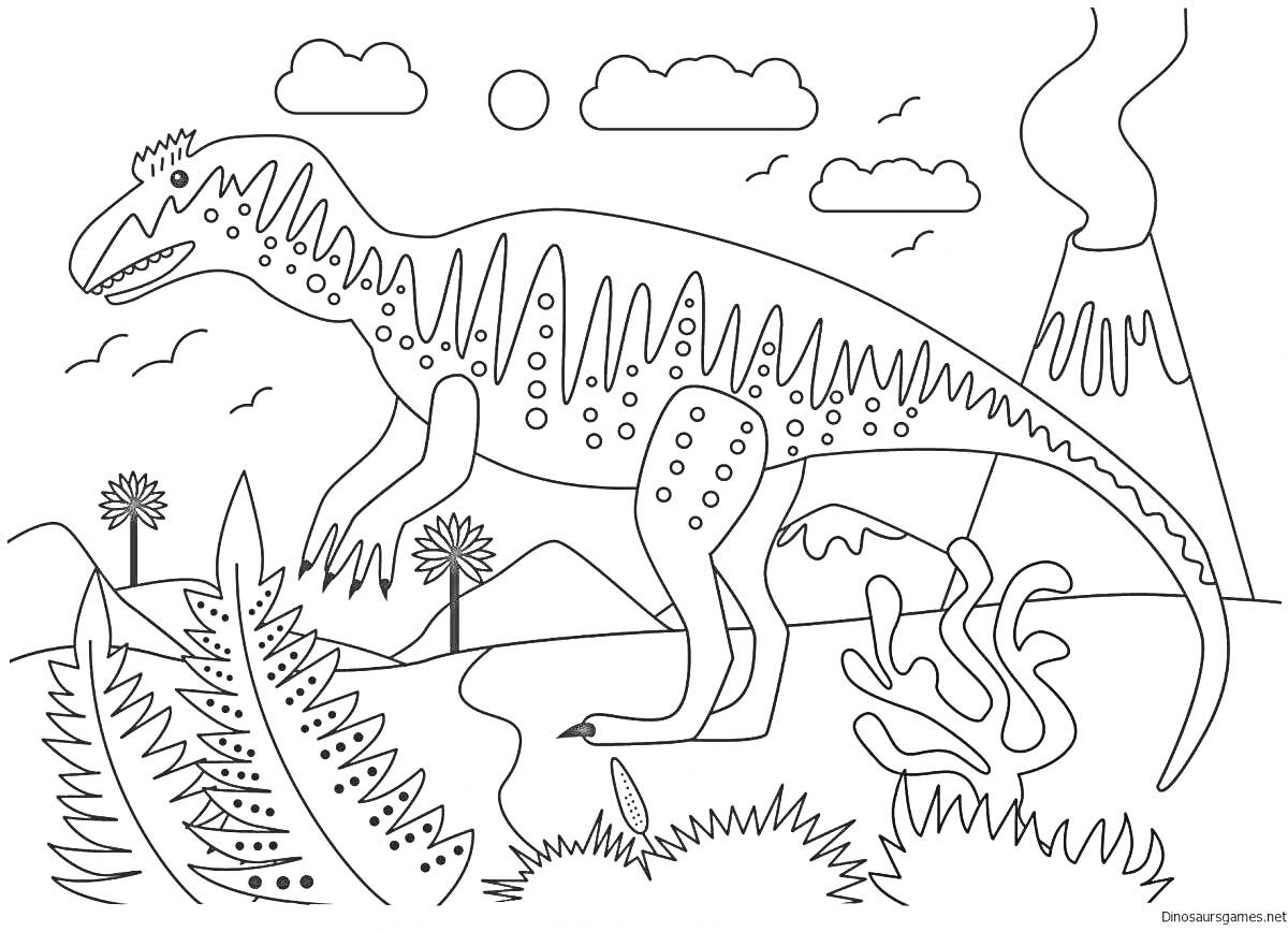 Раскраска Динозавр на фоне вулкана и природы