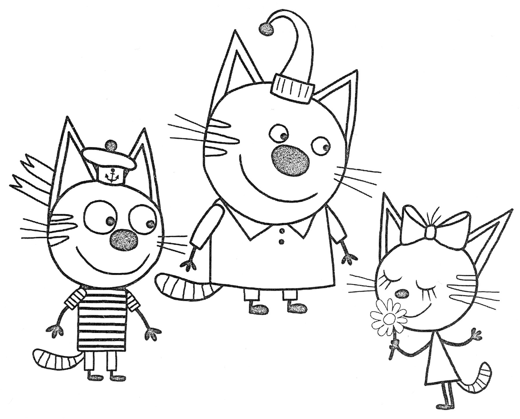 Раскраска Три кота, один в шляпе, другой в полосатой футболке, третий с бантиком и цветком