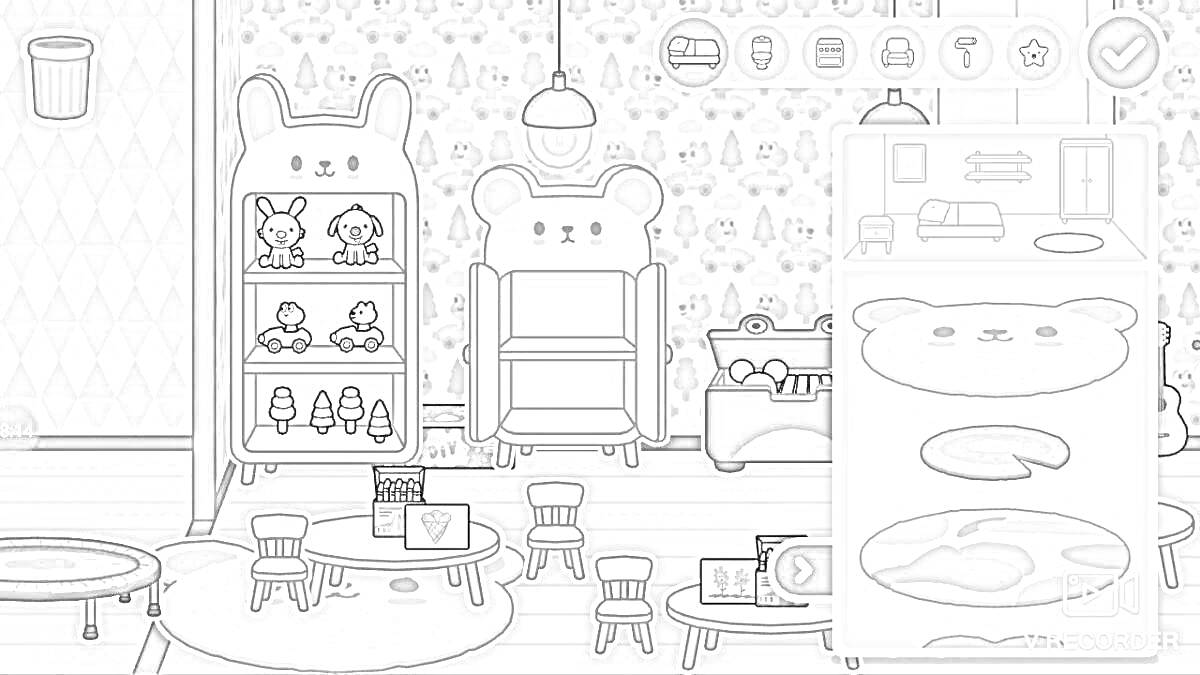 РаскраскаДетская комната с медвежьими элементами (шкаф, кровать, столы, стулья, полки)