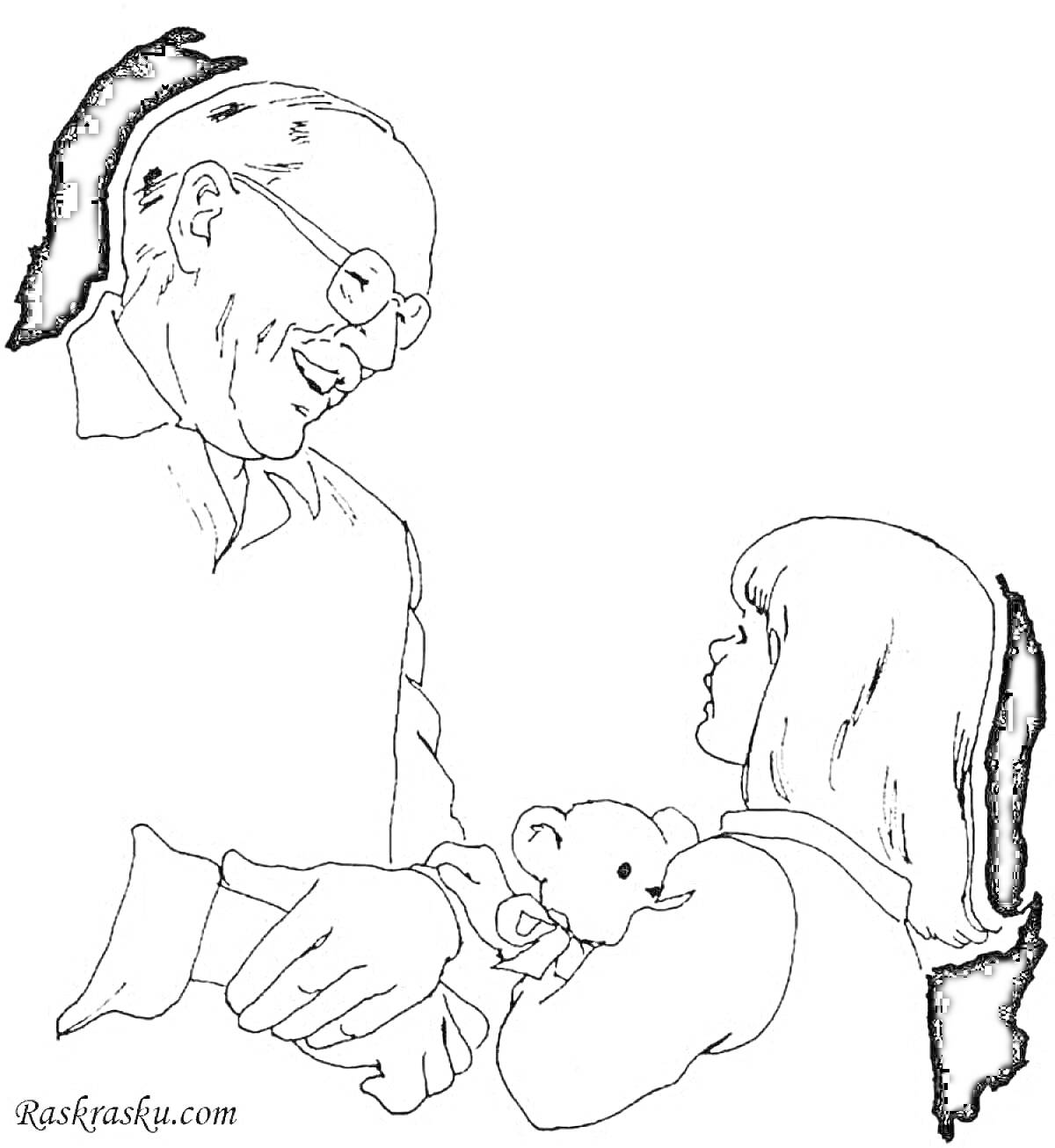 Раскраска Пожилой мужчина и внучка с плюшевым медвежонком