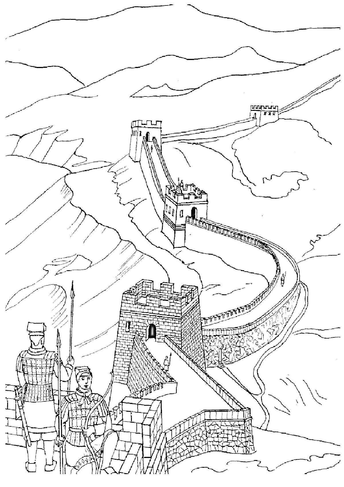 На раскраске изображено: Китай, Башни, Горы, Пейзаж, Архитектура, История, Средневековье, Воин, Стена