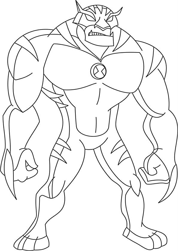 Человекоподобный инопланетянин с мощной мускулатурой, агрессивным выражением лица и эмблемой на груди («Бен тен»)