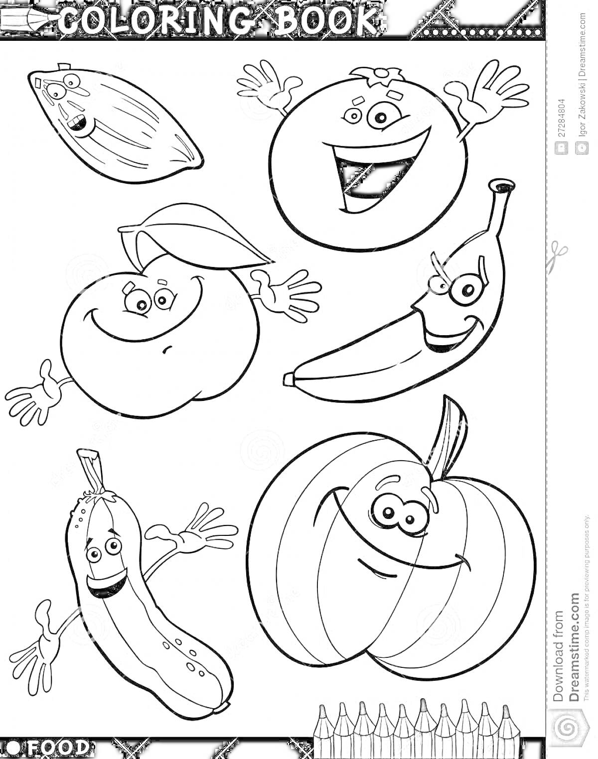 На раскраске изображено: Миндаль, Апельсин, Персик, Банан, Огурец, Тыква, Овощи, Фрукты