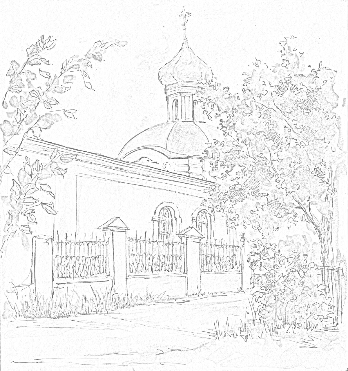 На раскраске изображено: Церковь, Забор, Деревья, Архитектура, Религия, Искусство, Купола, Улицы