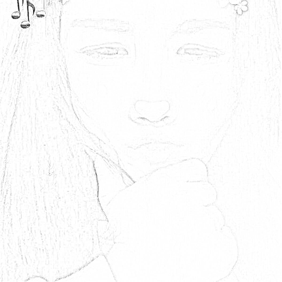 Раскраска Девушка с украшениями на голове и нарисованным носом и ушами, черно-белое фото