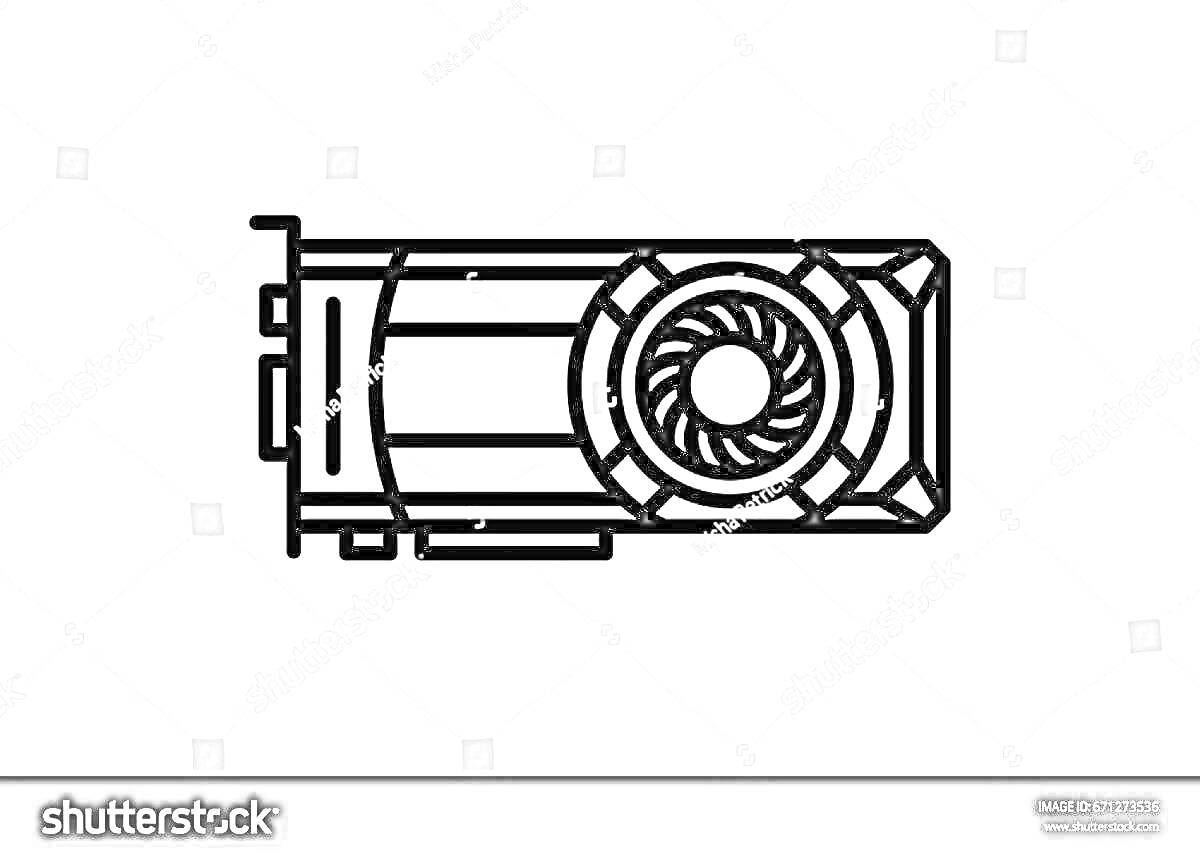 Линия видеокарты с вентилятором, портами на задней панели и радиатором