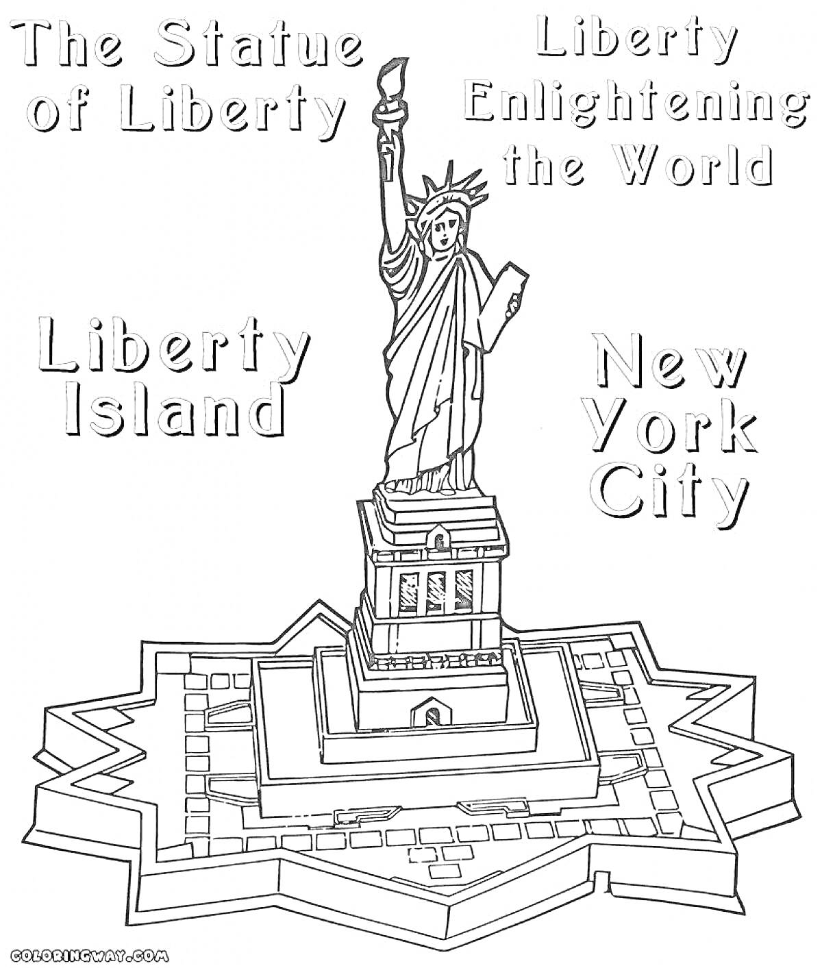 На раскраске изображено: Статуя Свободы, Постамент, Монумент, США, Нью-Йорк, Свобода