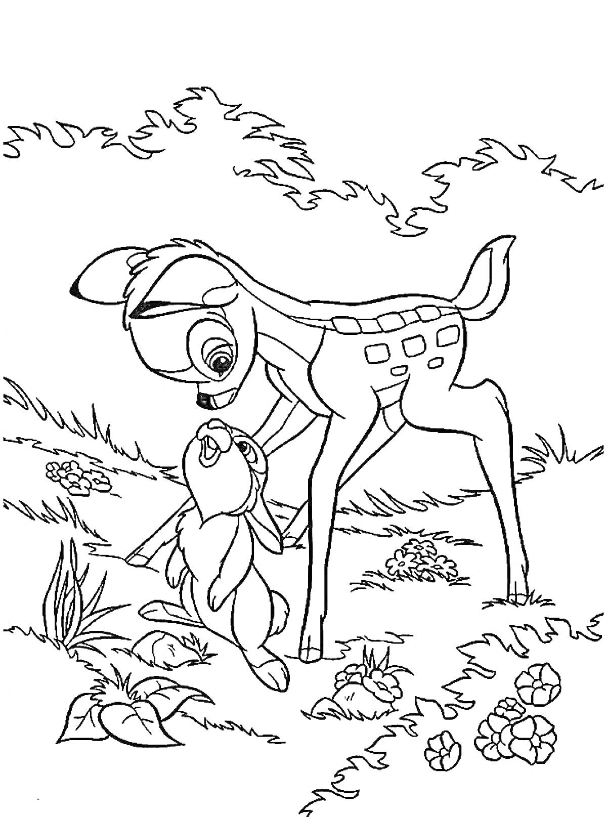 Раскраска Бэмби и зайчик в лесу, травы и цветы
