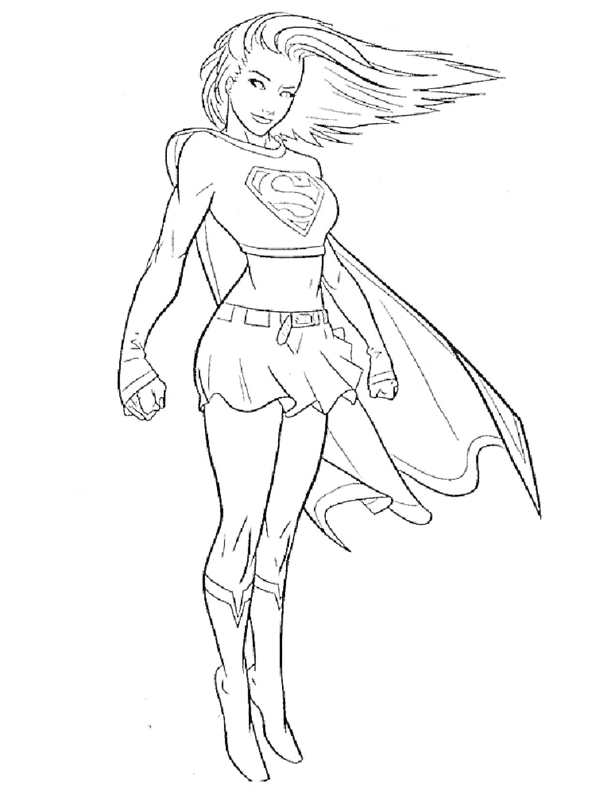 Раскраска Супергерл в супергеройском костюме с развевающимся плащом