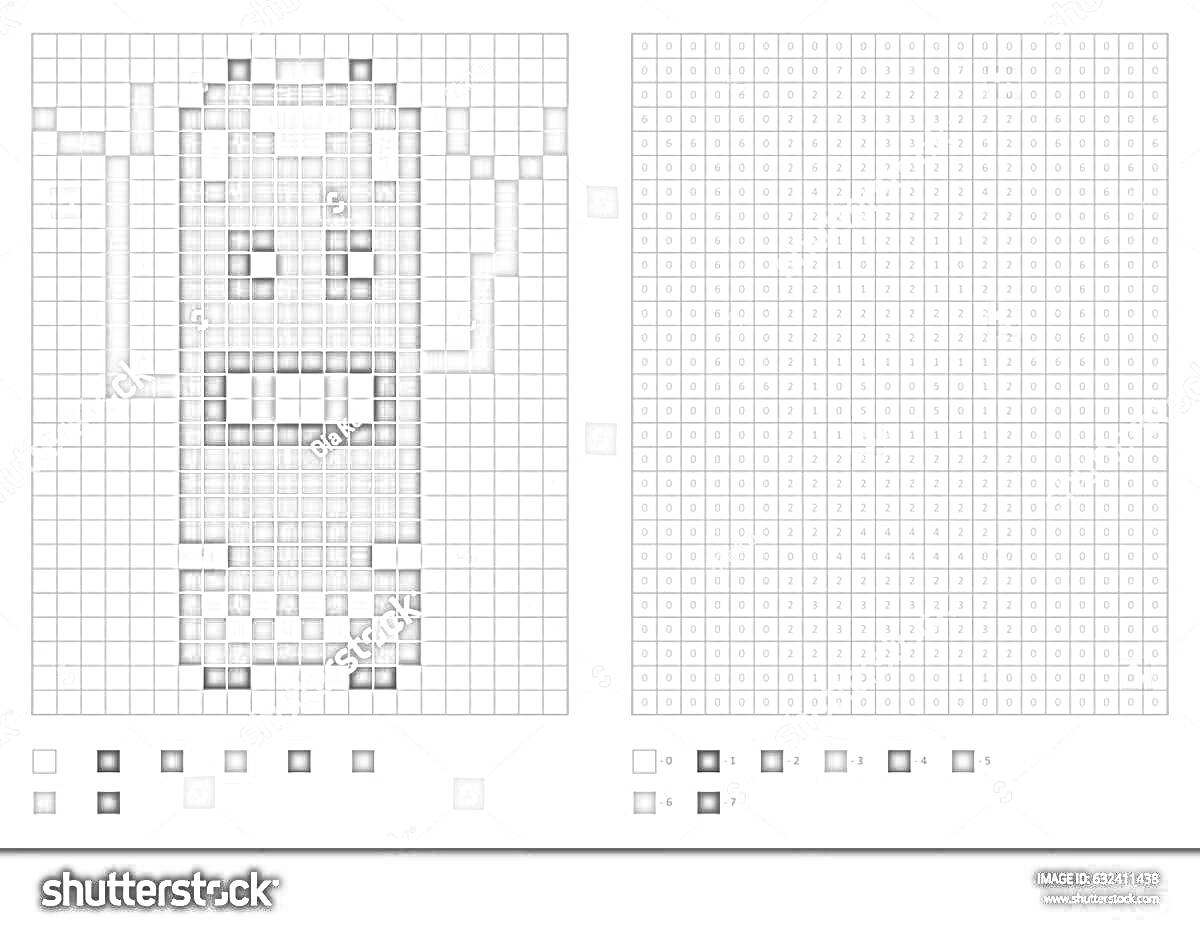 Раскраска Пиксельная раскраска - монстр (левый лист) и пустая сетка для раскрашивания (правый лист)