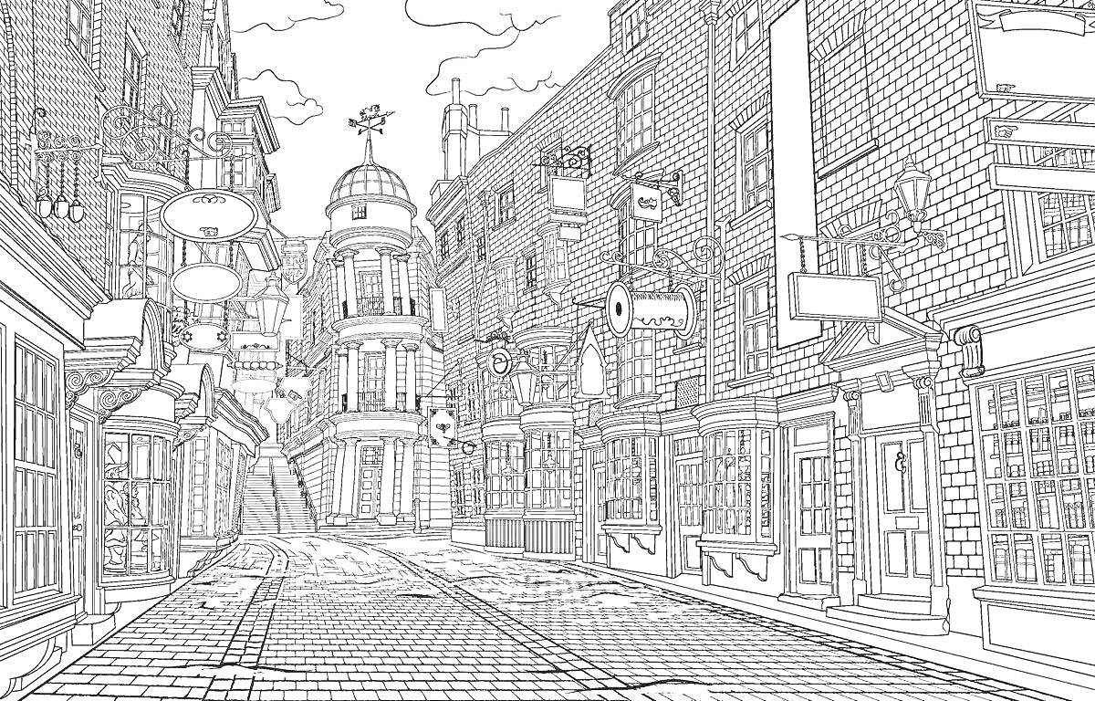 Раскраска Улица города с брусчаткой, зданиями с вывесками, окнами и дверями, фонарными столбами и узкой улицей