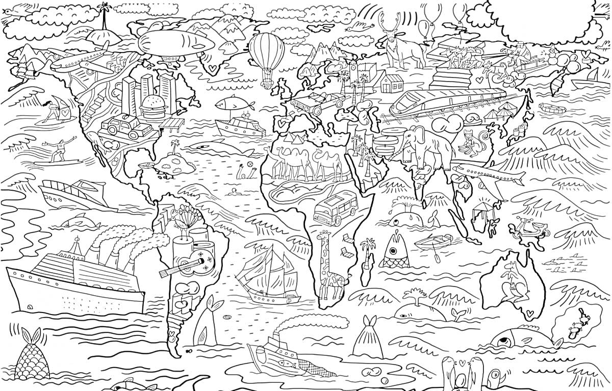 На раскраске изображено: Достопримечательности, Карта мира, Путешествия, Континенты, Океаны, Здания, Природа, Транспорт, Самолеты, Воздушные шары, Животные, Корабль