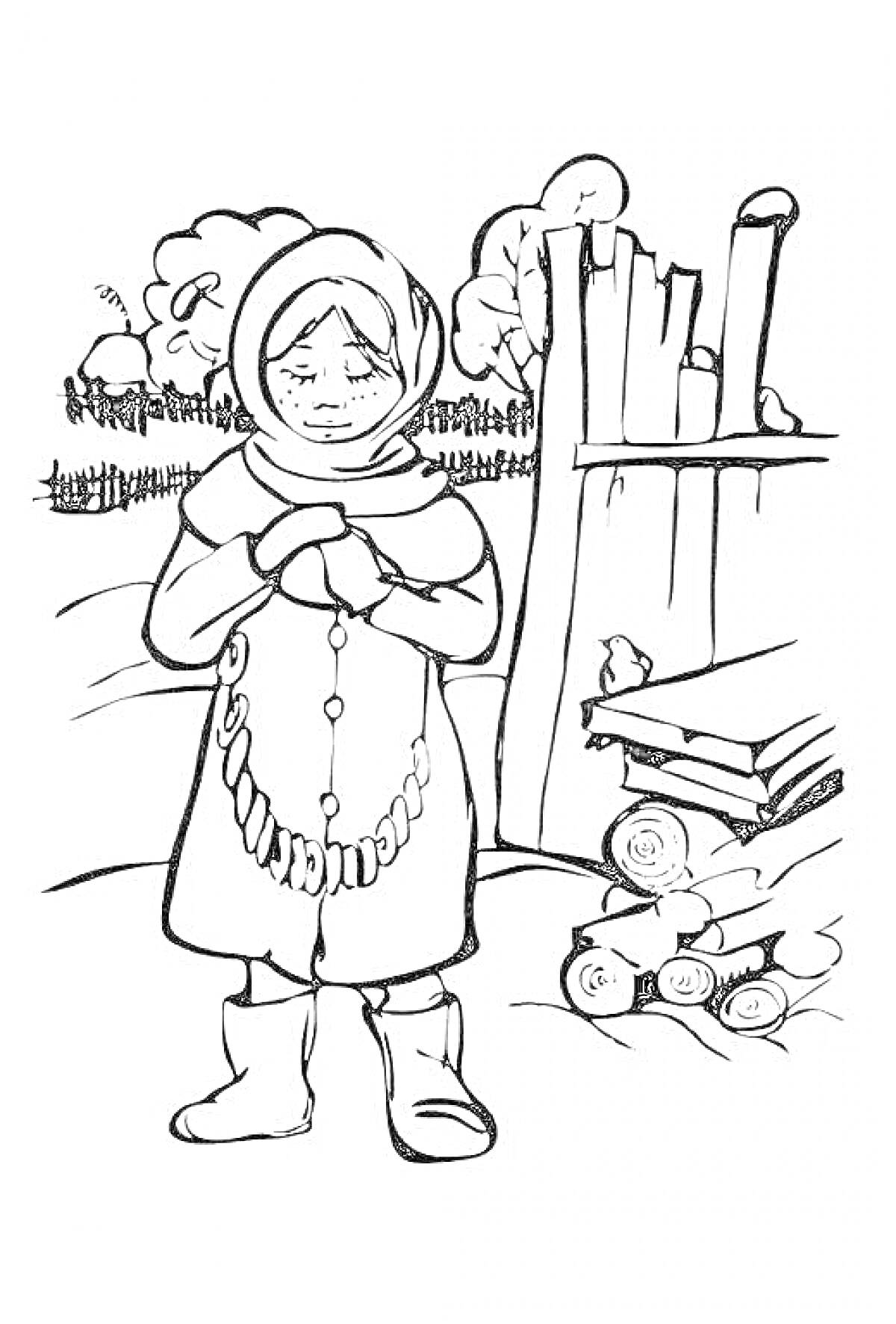 Раскраска Девушка в платке перед деревянным забором и стопкой дров