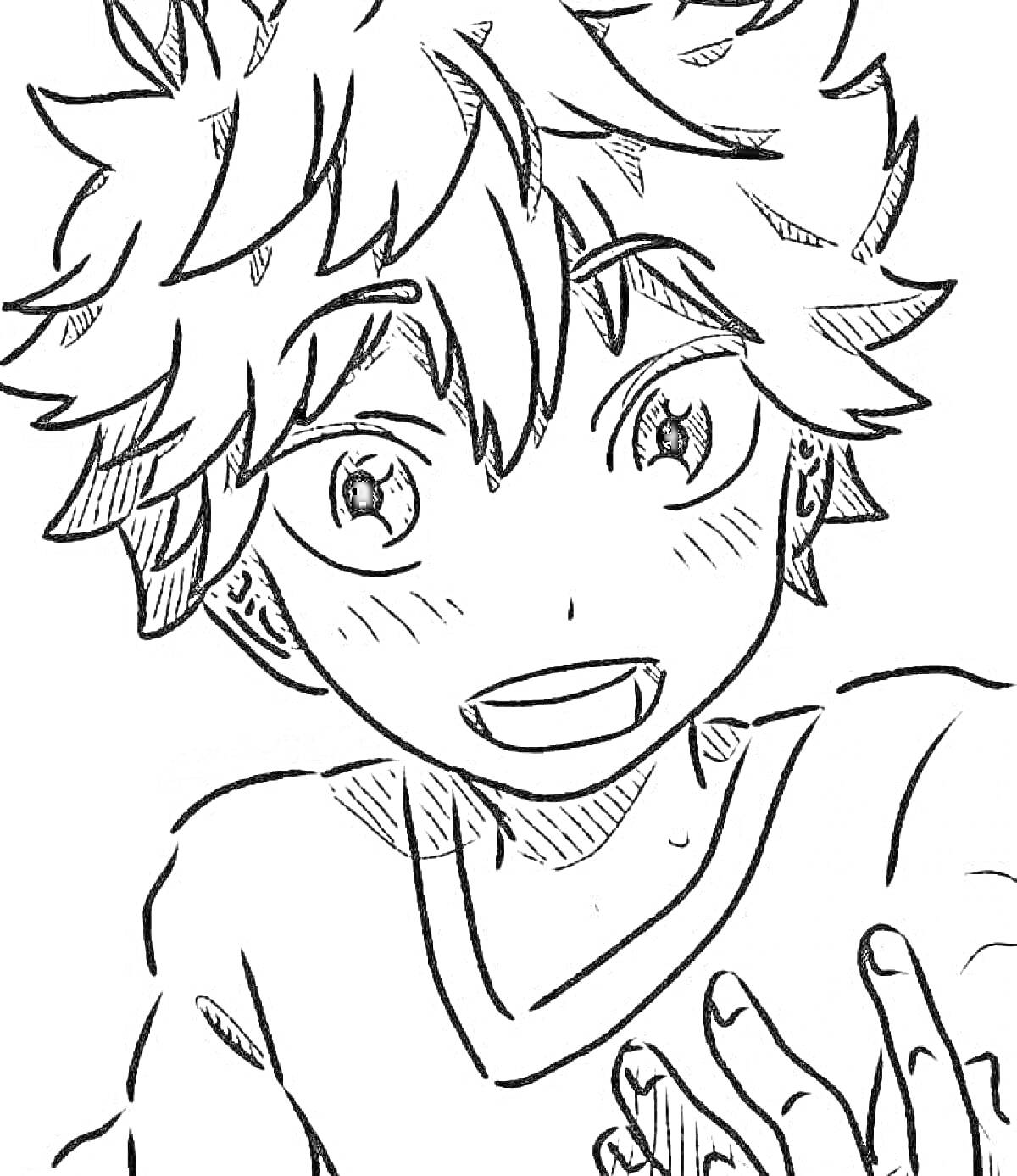 Раскраска Отрывок из аниме о волейболе с парнем с взъерошенными волосами и улыбающимся лицом