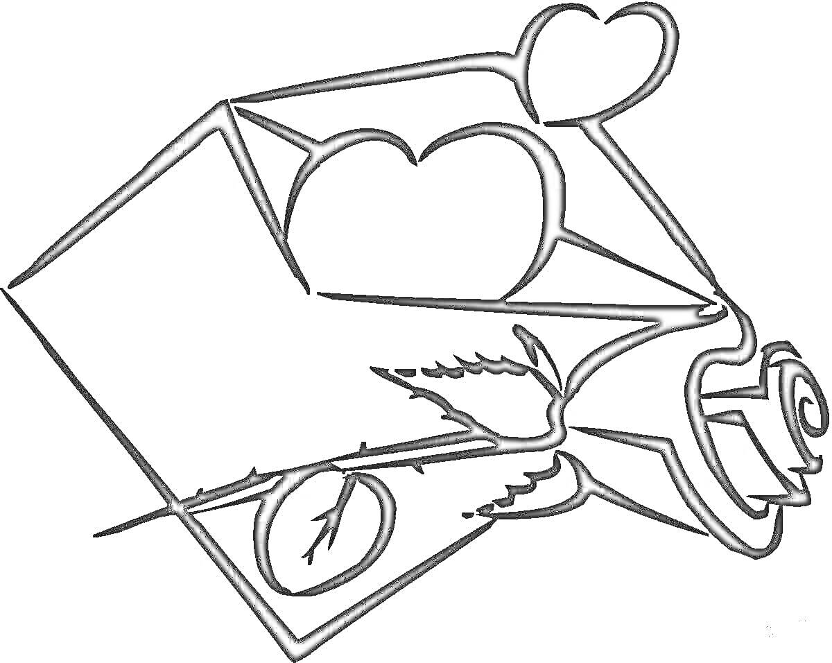 Раскраска конверт с сердечками и пером, перо и свиток