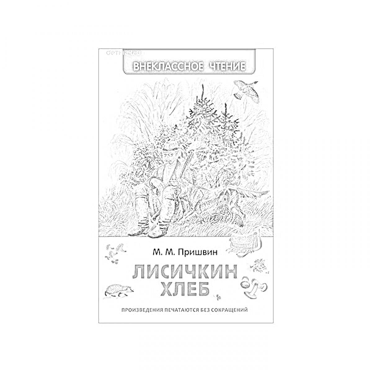Раскраска Внеклассное чтение, М. М. Пришвин, Лисичкин хлеб, два мальчика, природа, лес, деревья, птицы, грибы, животные, иллюстрации, черно-белое изображение