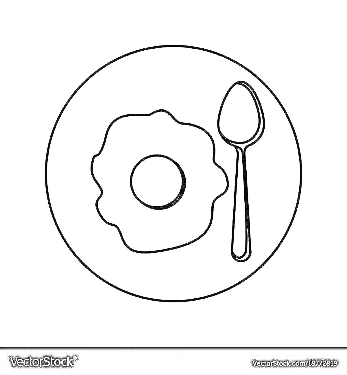 Раскраска Омлет на тарелке с ложкой
