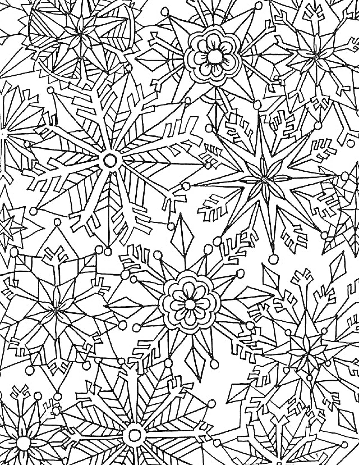 Раскраска Сложные новогодние снежинки и цветы