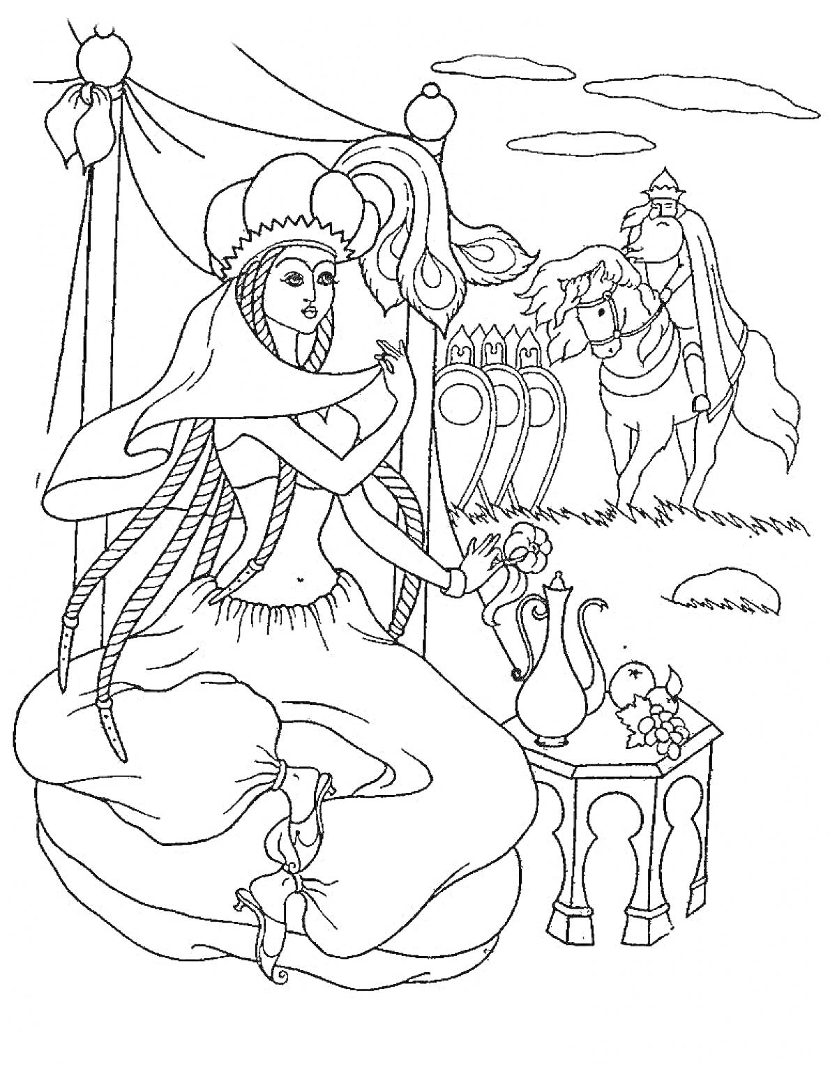 Раскраска Плененная царица с прялкой, снаряженный боевой всадник на лошади и шатер на заднем плане