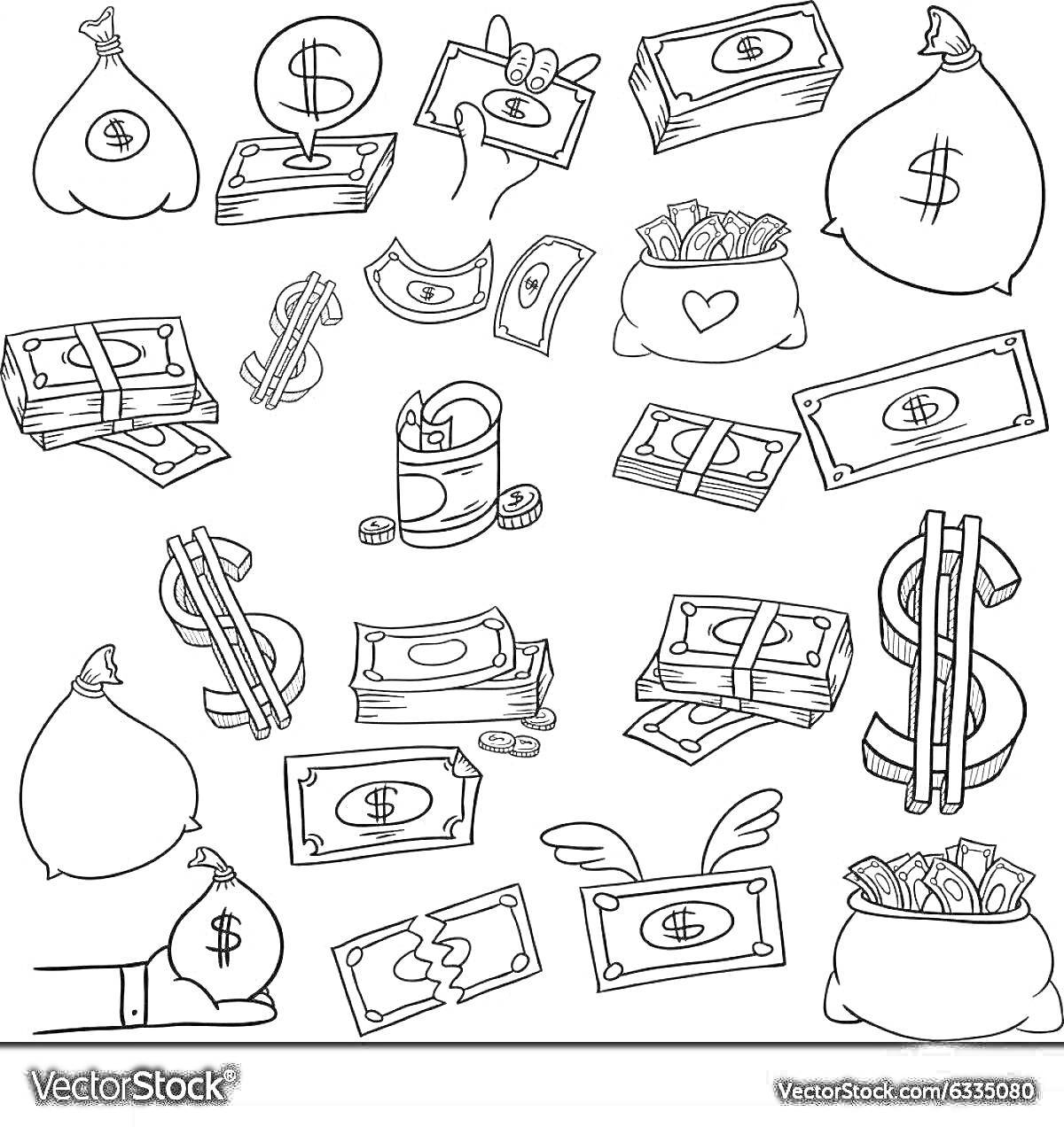На раскраске изображено: Деньги, Доллары, Купюры, Монеты, Мешок денег, Копилка, Бумажник, Крылья