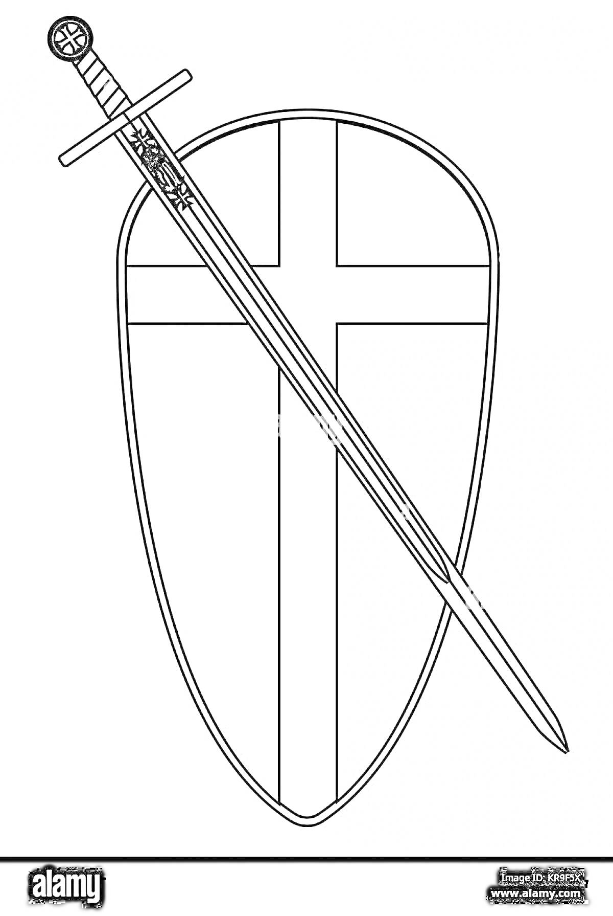 Раскраска Щит богатыря с мечом и крестом для раскрашивания
