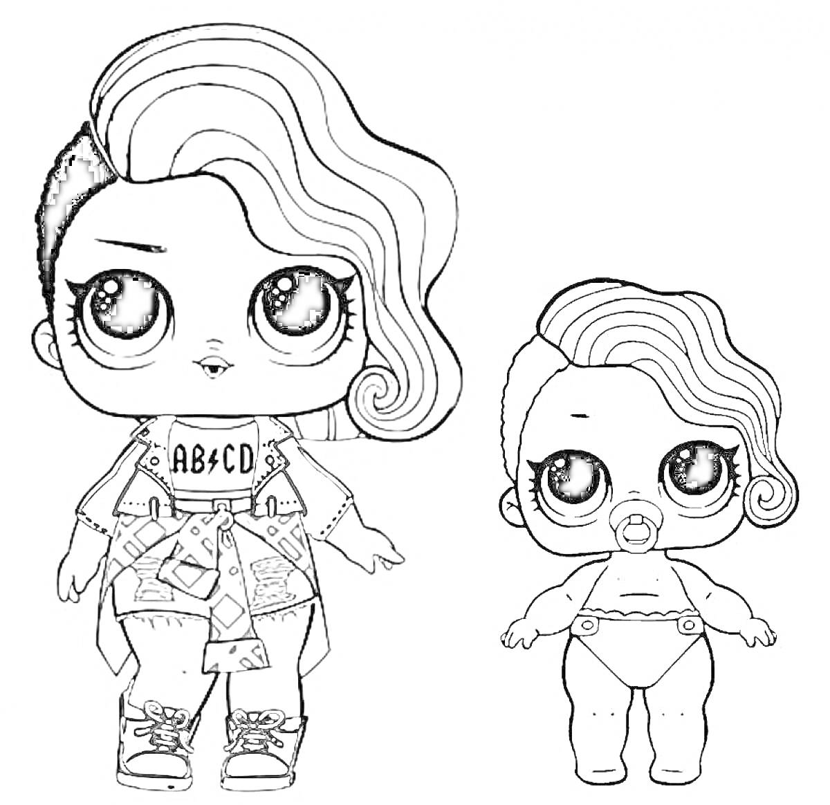 Раскраска Две куклы ЛОЛ, одна взрослая в одежде, другая младенец в подгузнике, короткие стрижки и крупные глаза