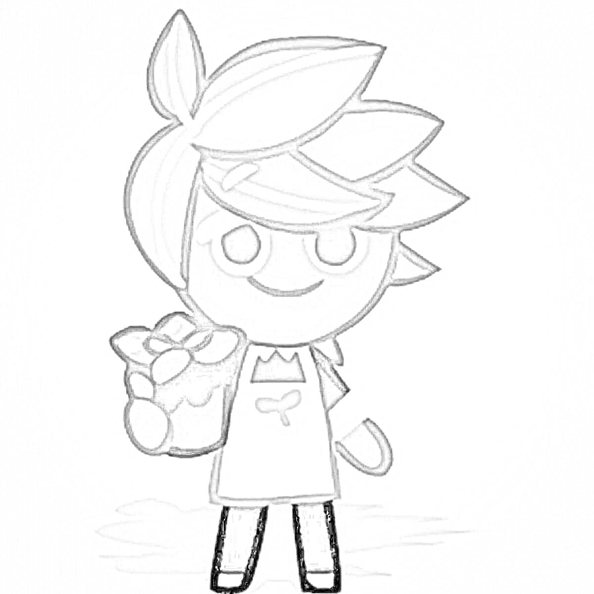 Раскраска Персонаж из игры Cookie Run Kingdom с прической на один глаз, в фартуке, с поднятой рукой.