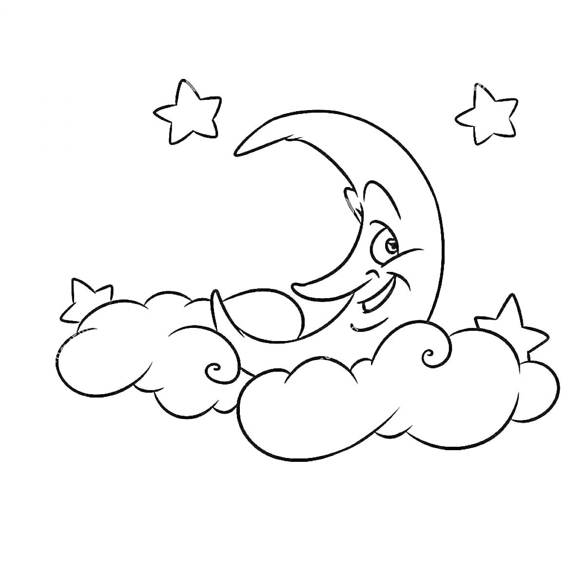 Раскраска Месяц среди облаков и звезд