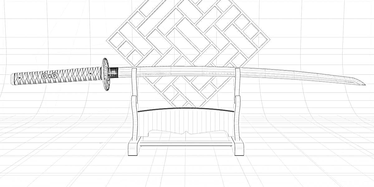 Танто на подставке с фоном в виде декоративной решетки