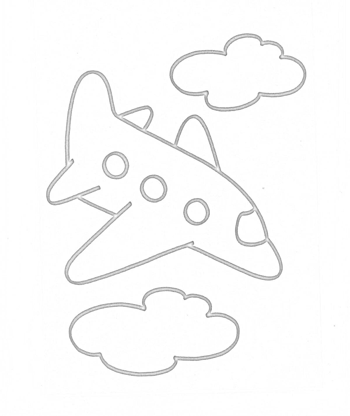 На раскраске изображено: Облака, Для детей 2-3 лет, Иллюминаторы, Небо, Авиатранспорт