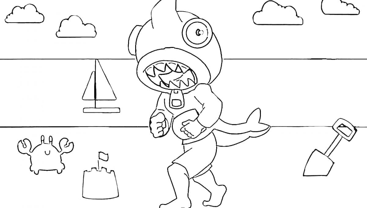 Раскраска Человек в костюме акулы на пляже с облаками, парусником, крабом, песочным замком и лопаткой