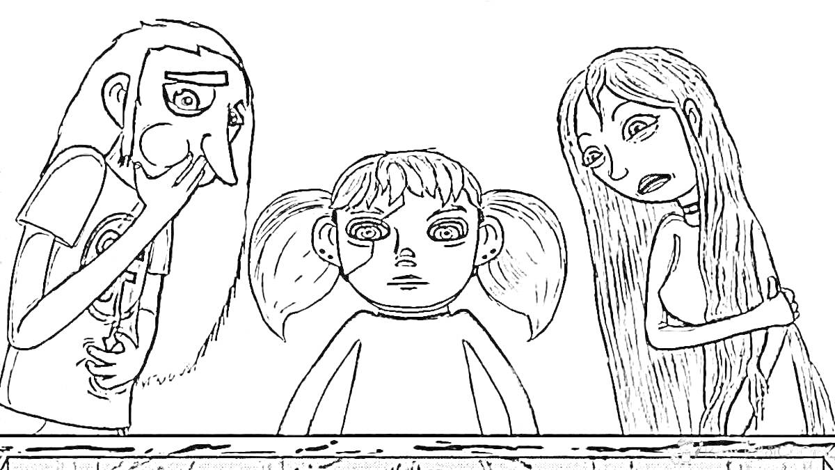 Раскраска Три персонажа с длинными волосами и хвостиками перед барьером со странным выражением лиц