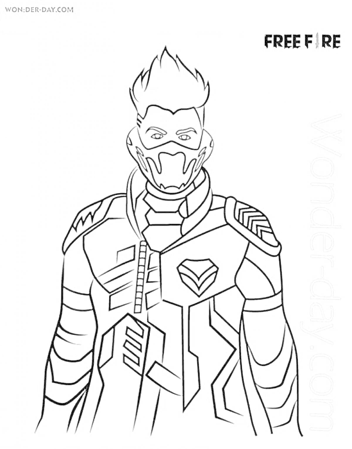 Персонаж в маске с короткими волосами и боевым костюмом из игры Free Fire