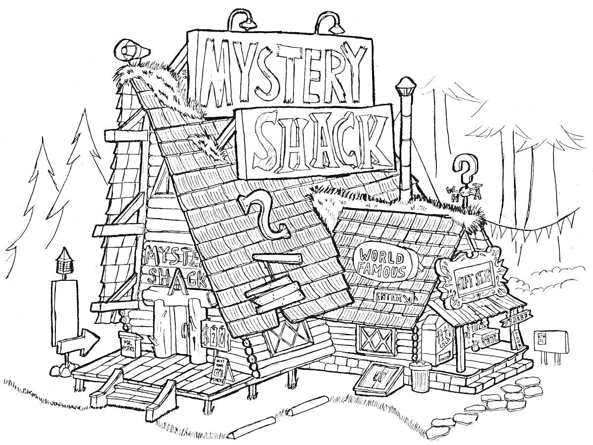 Раскраска Загадочный особняк (Mystery Shack) с деревьями на заднем плане, лестницей у входа, стрелками, указывающими направления, табло с надписью 