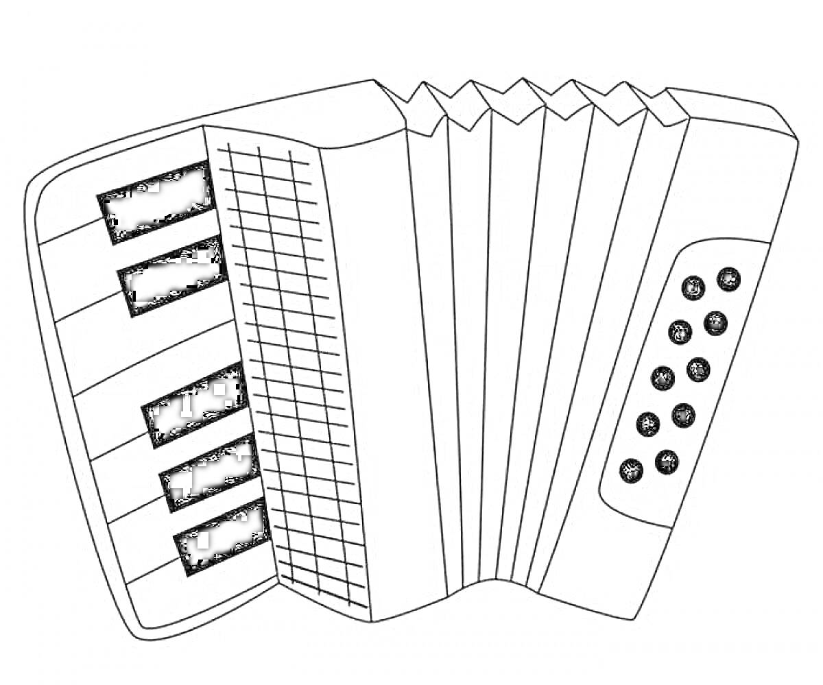 На раскраске изображено: Гармонь, Клавиши, Кнопки, Музыка, Аккордеон, Музыкальные инструменты