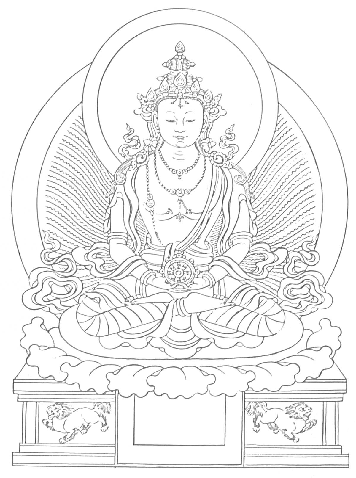 На раскраске изображено: Буддизм, Будда, Трон, Львы, Ореол, Медитация, Духовность, Искусство