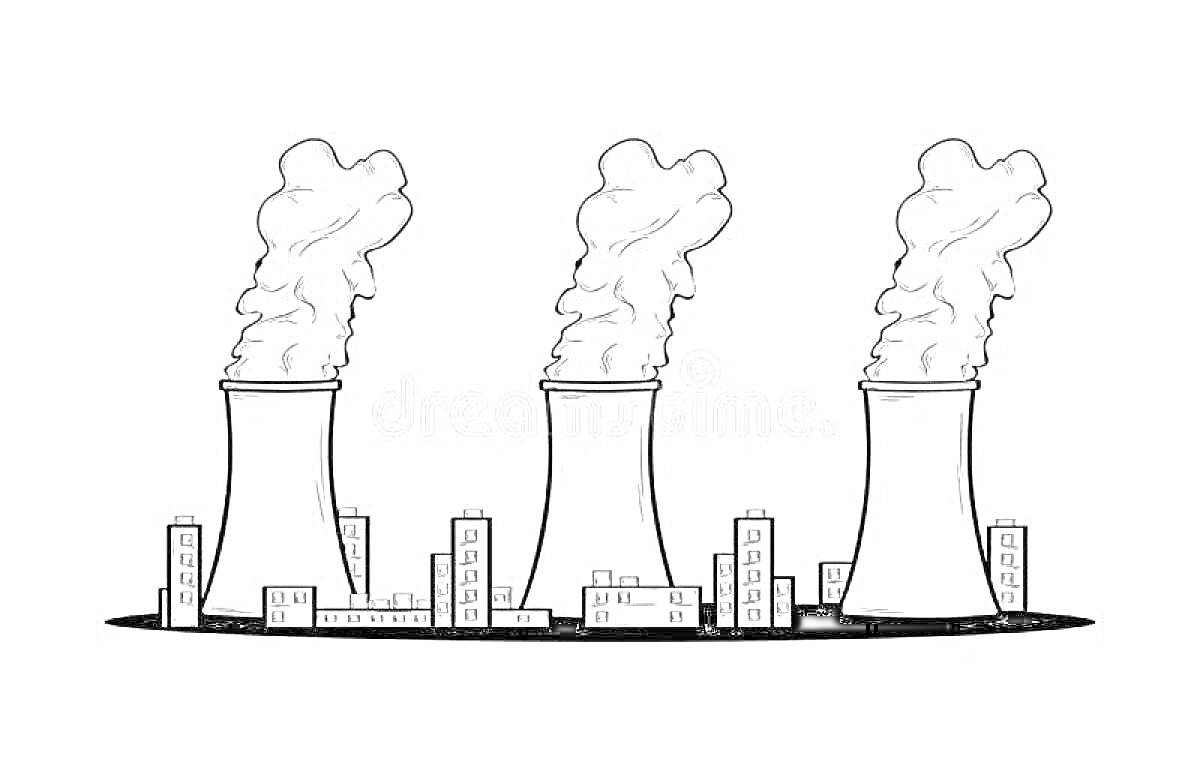 Раскраска Завод с трубами, выпускающими дым, и городские здания